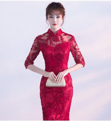 精致復(fù)古中式禮服，蕾絲魚尾晚禮服