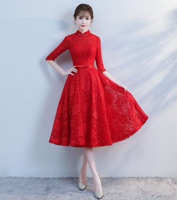 復(fù)古立領(lǐng)中式禮服，蕾絲中袖晚禮服