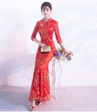 金絲葉子繡花旗袍，復古紅色旗袍裙