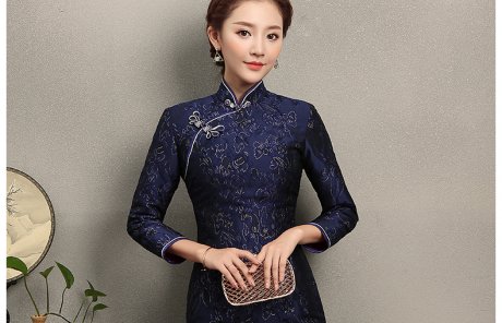 藍思印花中長款旗袍，端莊大氣旗袍裙