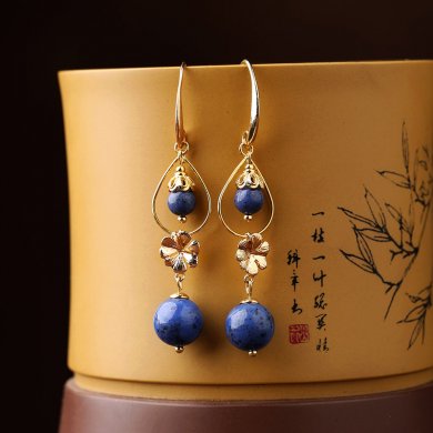 民族風(fēng)森系耳環(huán)，水墨藍(lán)紋石首飾