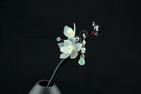 古風玉蘭花黑檀木簪子，手工玉簪花頭飾