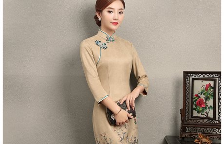 黃色印花相依旗袍，復(fù)古民族風(fēng)旗袍裙