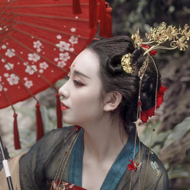 嬌艷紅裙帶紅傘頭像，唯美古風女子頭像