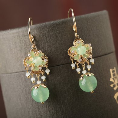 綠色森系花朵耳飾，小清新氣質耳環(huán)