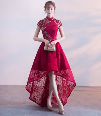 端莊優(yōu)雅中式禮服，前短后長晚禮服