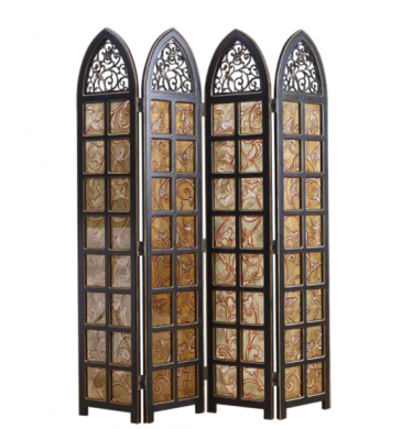 實木鏤空玄關(guān)折屏，新古典復(fù)古彩繪玻璃屏風