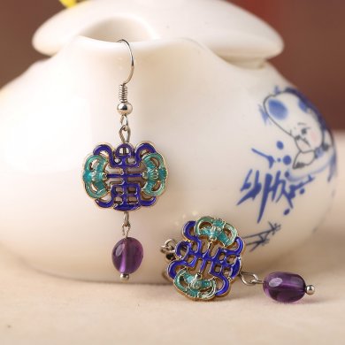 古典景泰藍(lán)耳環(huán)，紫水晶吊墜耳環(huán)首飾