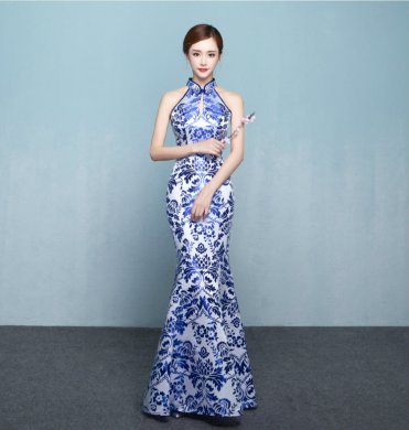 中式青花瓷旗袍禮服，時尚復(fù)古旗袍裙
