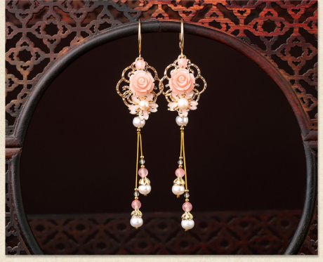 古風(fēng)唯美花朵耳墜耳環(huán)，氣質(zhì)超仙少女粉耳環(huán)