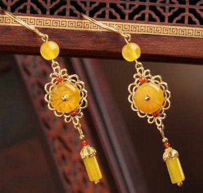 耀眼黃色瑪瑙耳環(huán)，氣質(zhì)高貴耳環(huán)