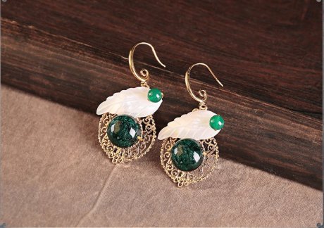 貝殼樹葉琉璃耳墜首飾，古風氣質(zhì)清新耳環(huán)