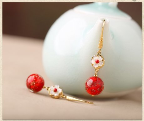 復(fù)古琉璃吊墜耳環(huán)，古風(fēng)花朵紅色首飾