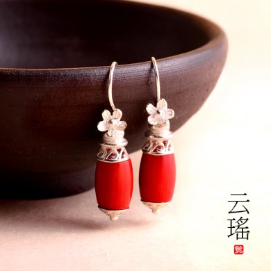 云瑤紅珊瑚耳墜耳環(huán)，本命年民族風(fēng)首飾
