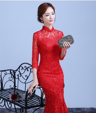 魚尾蕾絲裙擺中式禮服，復(fù)古氣質(zhì)晚禮服