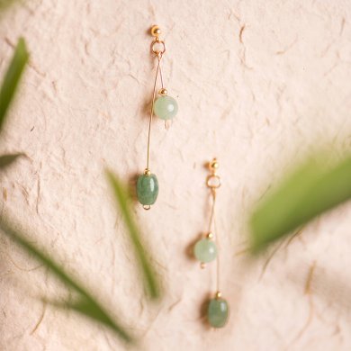 清新微雨耳環(huán)，天然冰種翡翠9K金珠耳釘首飾