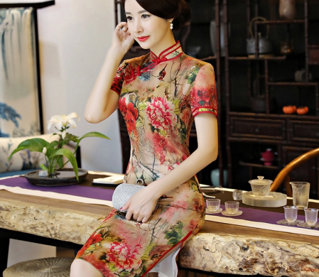 復(fù)古改良長(zhǎng)款旗袍，真絲優(yōu)雅旗袍