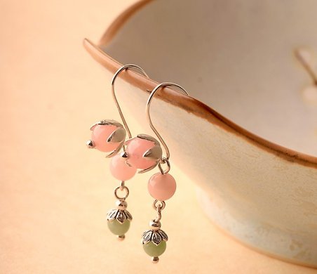粉色小清新風(fēng)翡翠耳飾，天然粉晶惜春耳環(huán)首飾