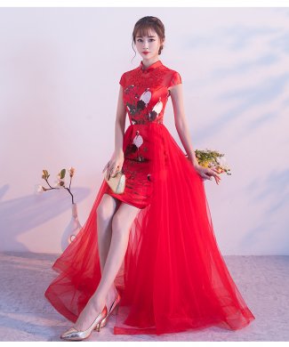 匠心啟航閱讀紅色蕾絲中式禮服，時(shí)尚古典仙鶴晚禮服