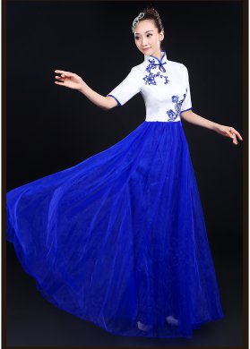 青花瓷民樂服合唱服長裙，中山裝演出服