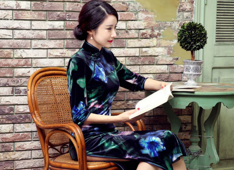 絲絨長款旗袍，改良中式旗袍