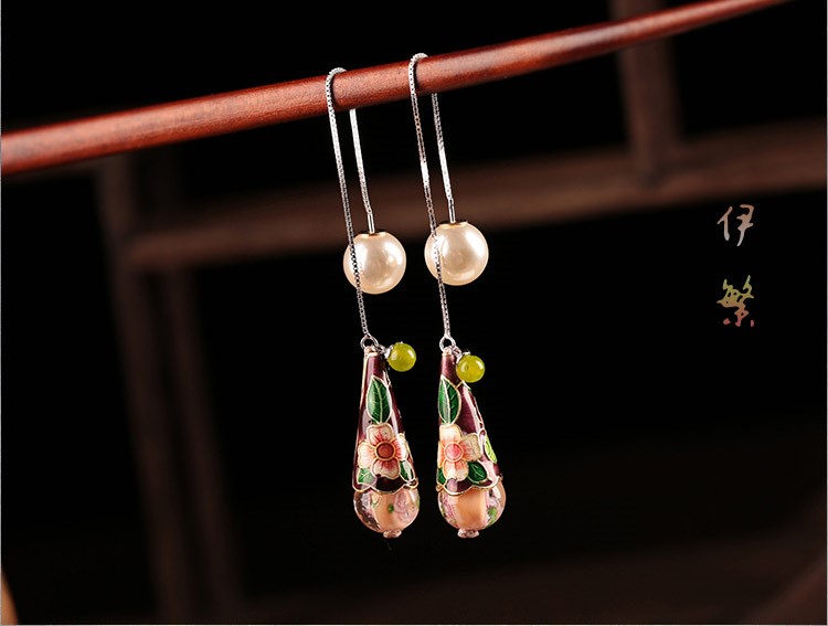 古風(fēng)氣質(zhì)琉璃景泰藍(lán)耳環(huán)，水滴造型純銀耳線首