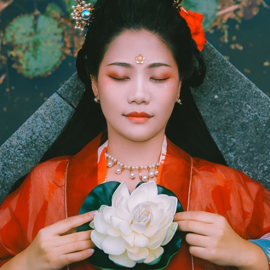 蓮池邊帶紅傘紅衣女生頭像，唯美古風(fēng)真人頭像