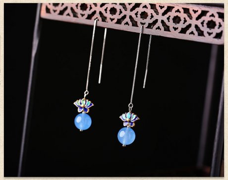 藍(lán)色蓮花景泰藍(lán)氣質(zhì)耳環(huán)，小清新長款耳墜首飾