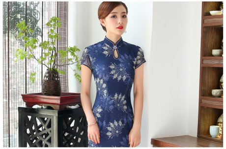 念花蕾絲旗袍，時(shí)尚魚尾旗袍裙