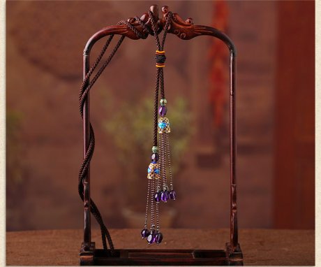 景泰藍紫水晶流蘇民族風項鏈毛衣鏈