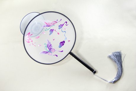 淡雅蝶舞刺繡團扇，淡紫復(fù)古繡花工藝扇子