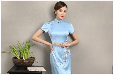 淡藍(lán)清新繡花旗袍，散香時尚旗袍裙
