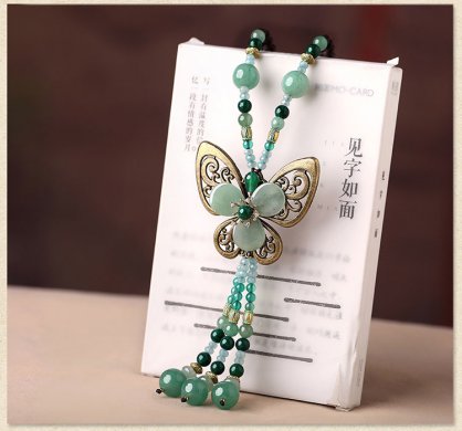 復古蝴蝶吊墜綠色毛衣鏈項鏈