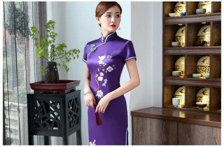 精致繡花高貴紫旗袍，時尚典雅旗袍裙