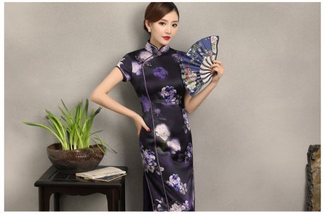 優(yōu)雅鏡花旗袍，清新藍色花旗袍裙