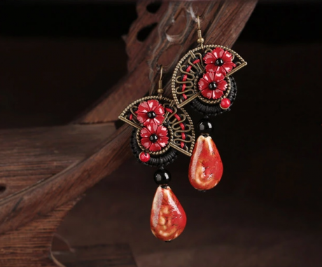 紅花朵陶瓷匠心啟航閱讀耳環(huán)首飾