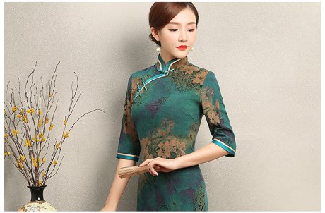 復(fù)古雍容的墨綠旗袍，古典印花旗袍裙