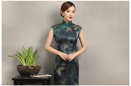 墨綠碧枝印花旗袍，復(fù)古改良短袖長款旗袍裙