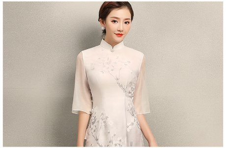 清麗淡雅櫻香旗袍，時尚印花旗袍裙