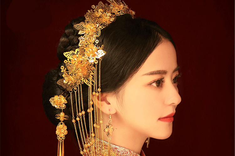 女子金色流蘇古風(fēng)頭飾，鳳冠配飾品