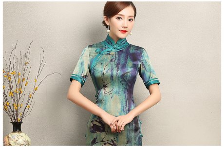 古典韻味花良旗袍，撞色花枝短袖旗袍裙