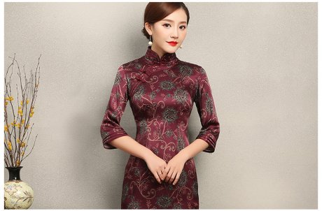 端莊典雅紫紅色旗袍，中袖真絲旗袍裙