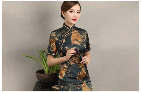 墨綠印花復古短袖旗袍，優(yōu)雅浪漫旗袍圖片