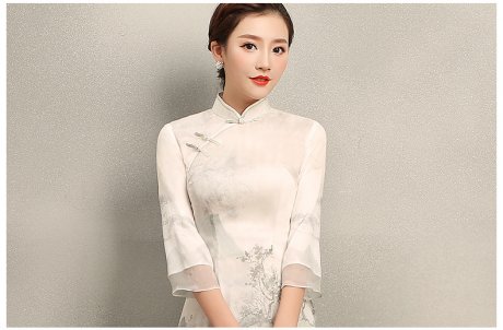 復古飛鶴旗袍，淡雅中袖中式旗袍裙