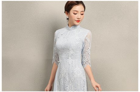 氣質(zhì)素藍(lán)色蕾絲旗袍，中袖中式旗袍裙