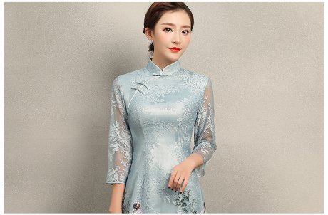 淡雅青鶴旗袍，改良奧黛風(fēng)長(zhǎng)款旗袍裙