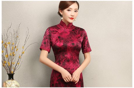 紅色短袖旗袍，復(fù)古包邊印花旗袍裙