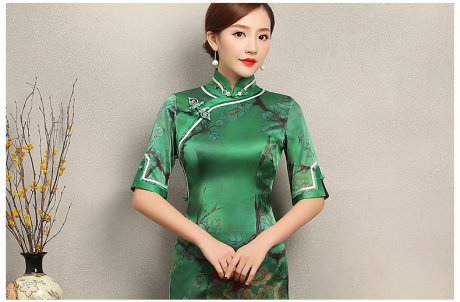 花枝印花綠色旗袍，民族風(fēng)短袖旗袍裙