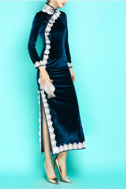 天鵝絨蕾絲花邊旗袍，民國(guó)復(fù)古旗袍裙