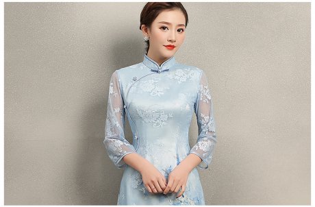 清雅藍蝶蕾絲旗袍，中袖唯美旗袍裙